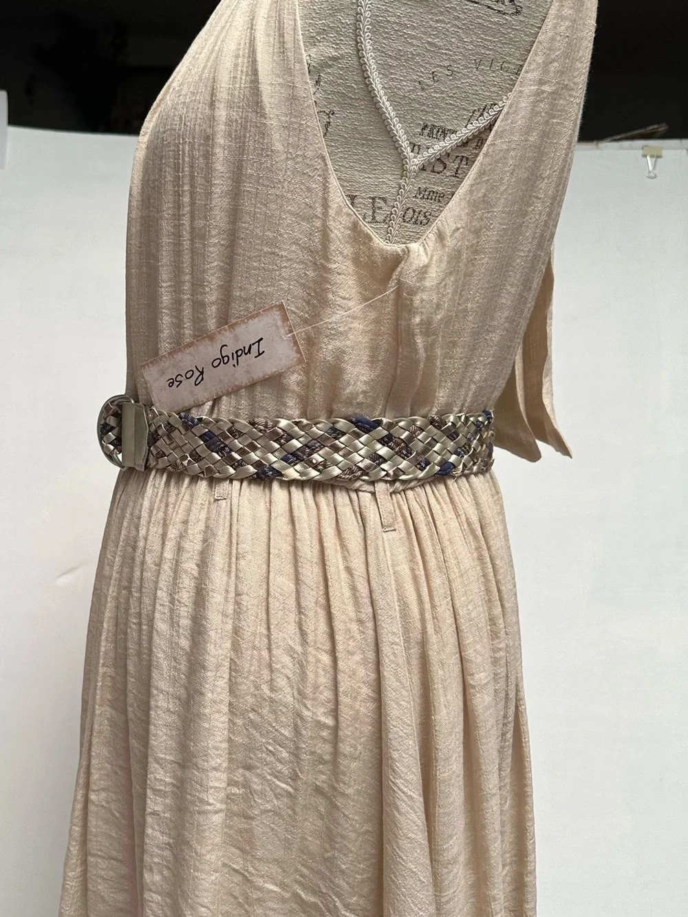 NEW Indigo Rose Dress Halter Taupe/Tan Knee Length Pleated Belted LARGE NWT